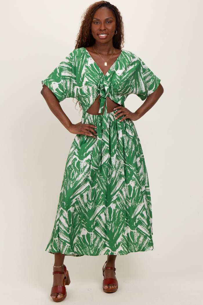 Green Brushstroke Print Cutout Maternity Midi Dress