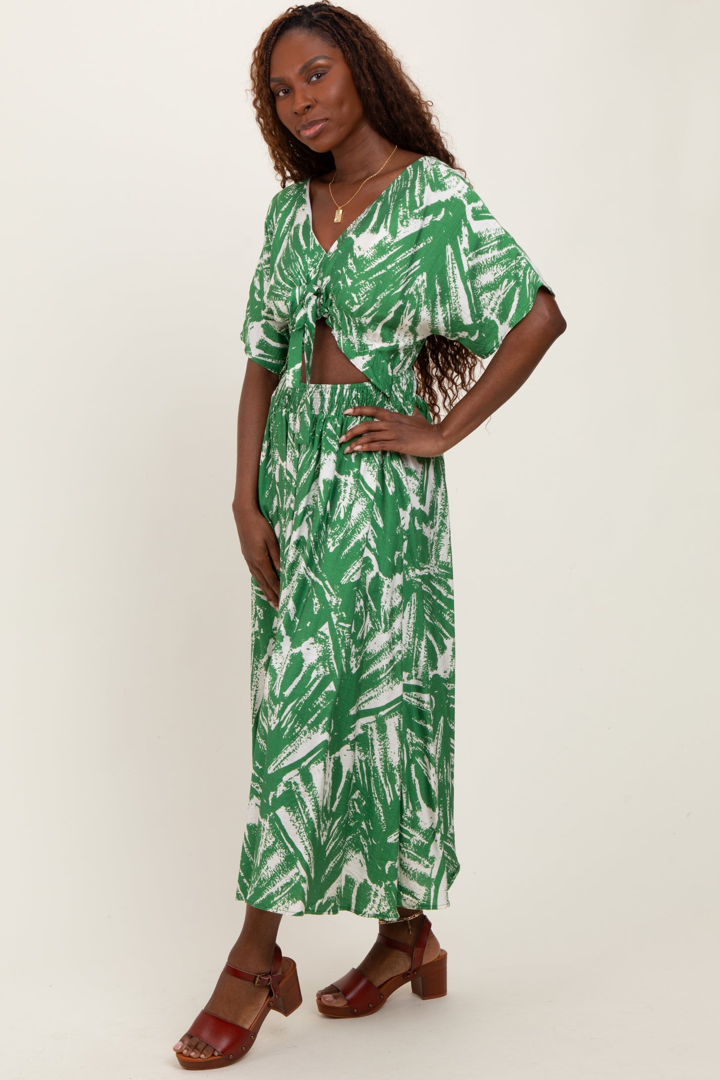Green Brushstroke Print Cutout Midi Dress