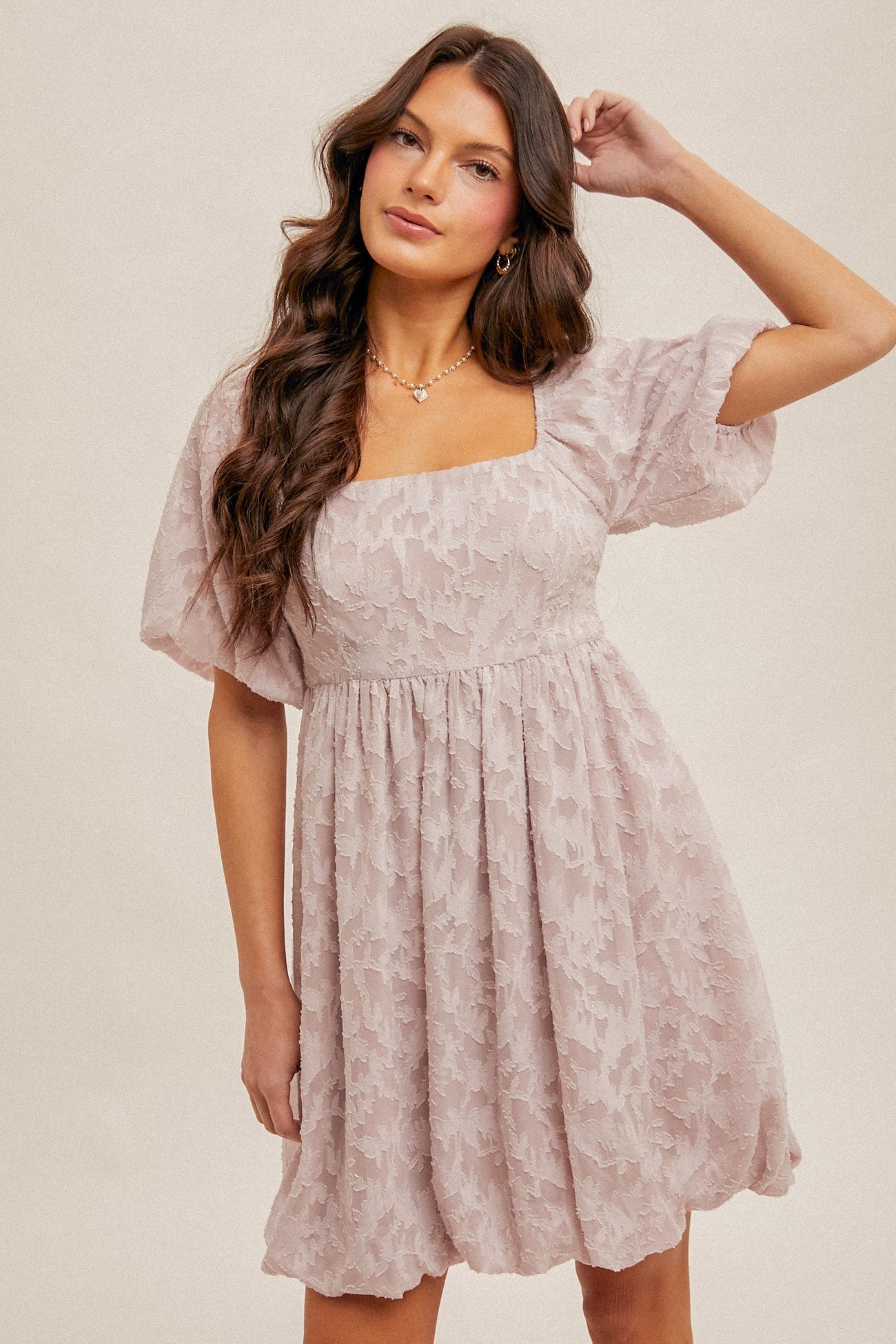 Lavender Chiffon Jacquard Print Square Neck Bubble Dress