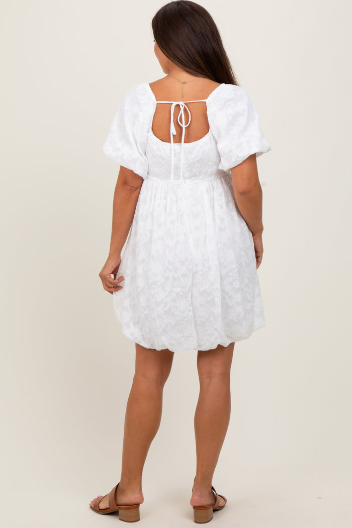 White Chiffon Jacquard Print Square Neck Maternity Bubble Dress