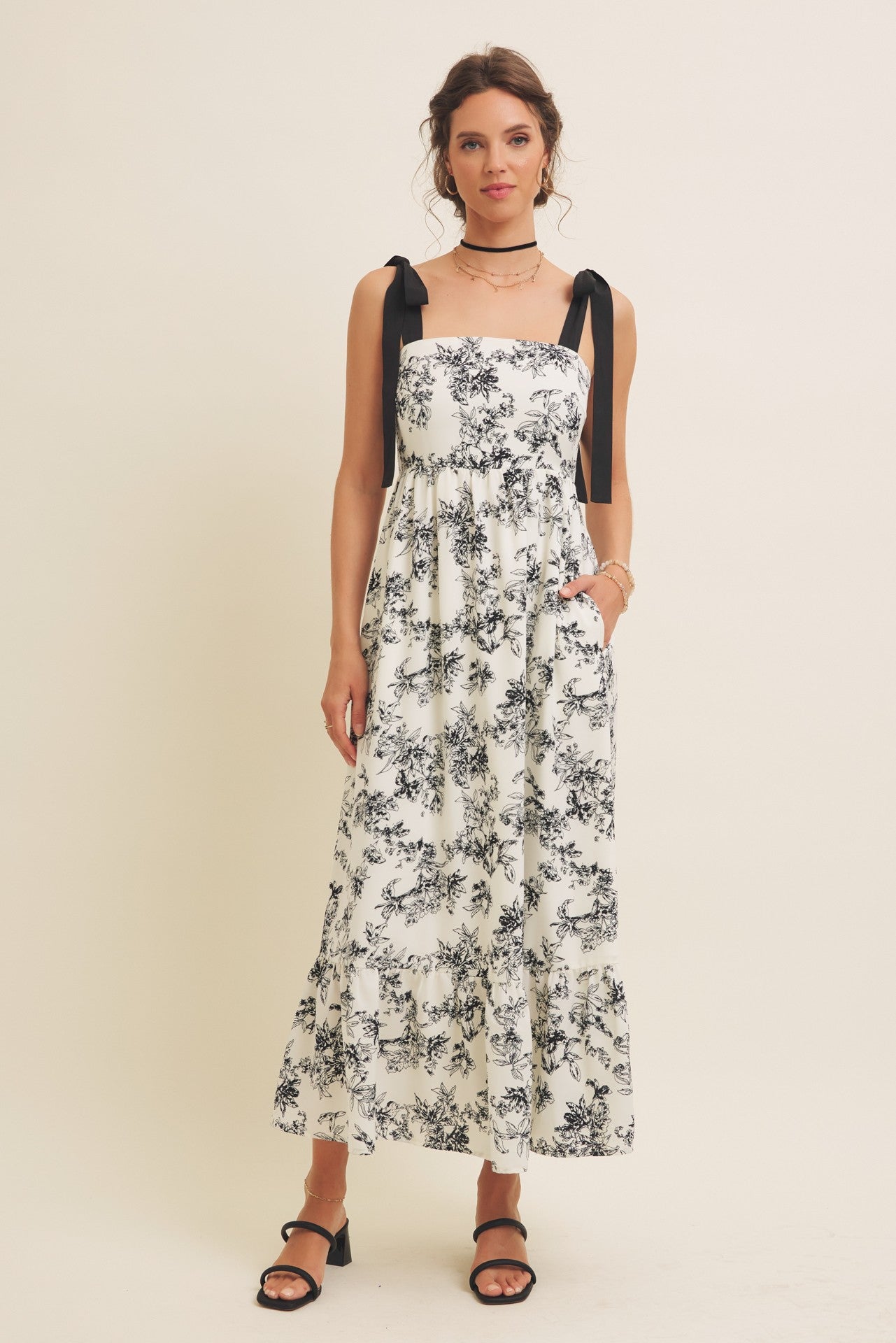 Cream/Black Floral Print Shoulder Bow Tie Midi Dress