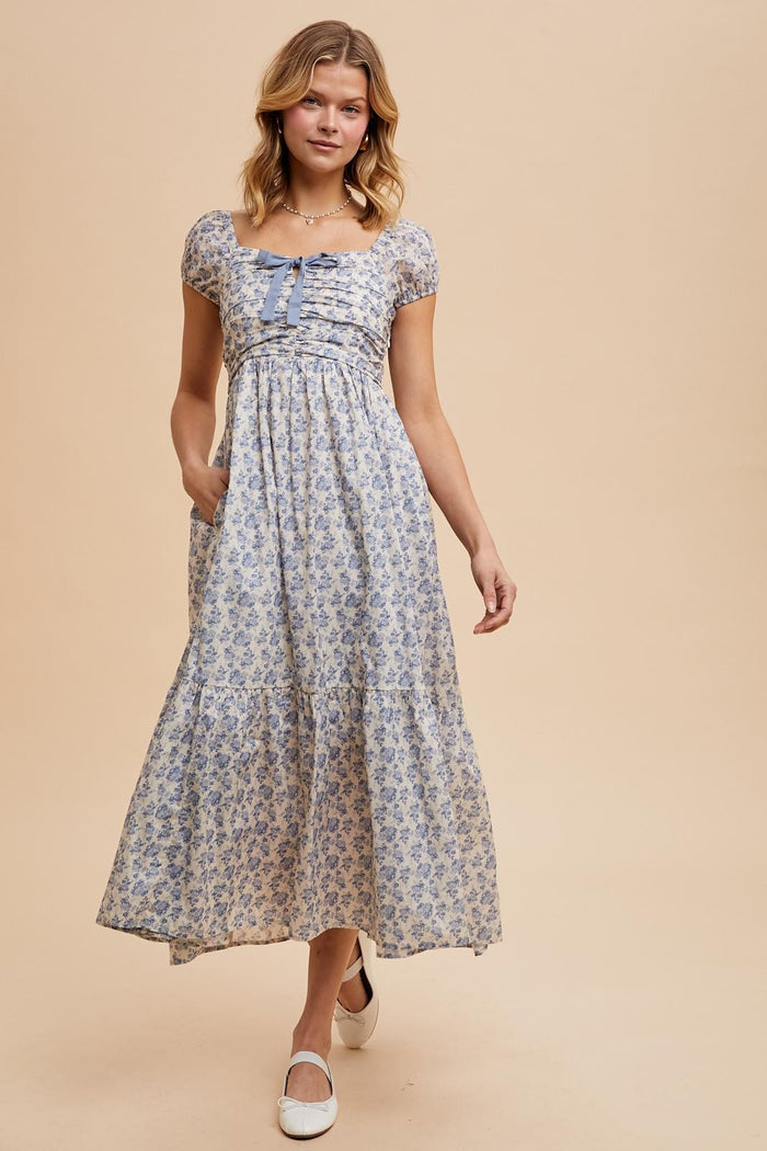 Light Blue Floral Ruched Bow Tie Floral Maxi Dress