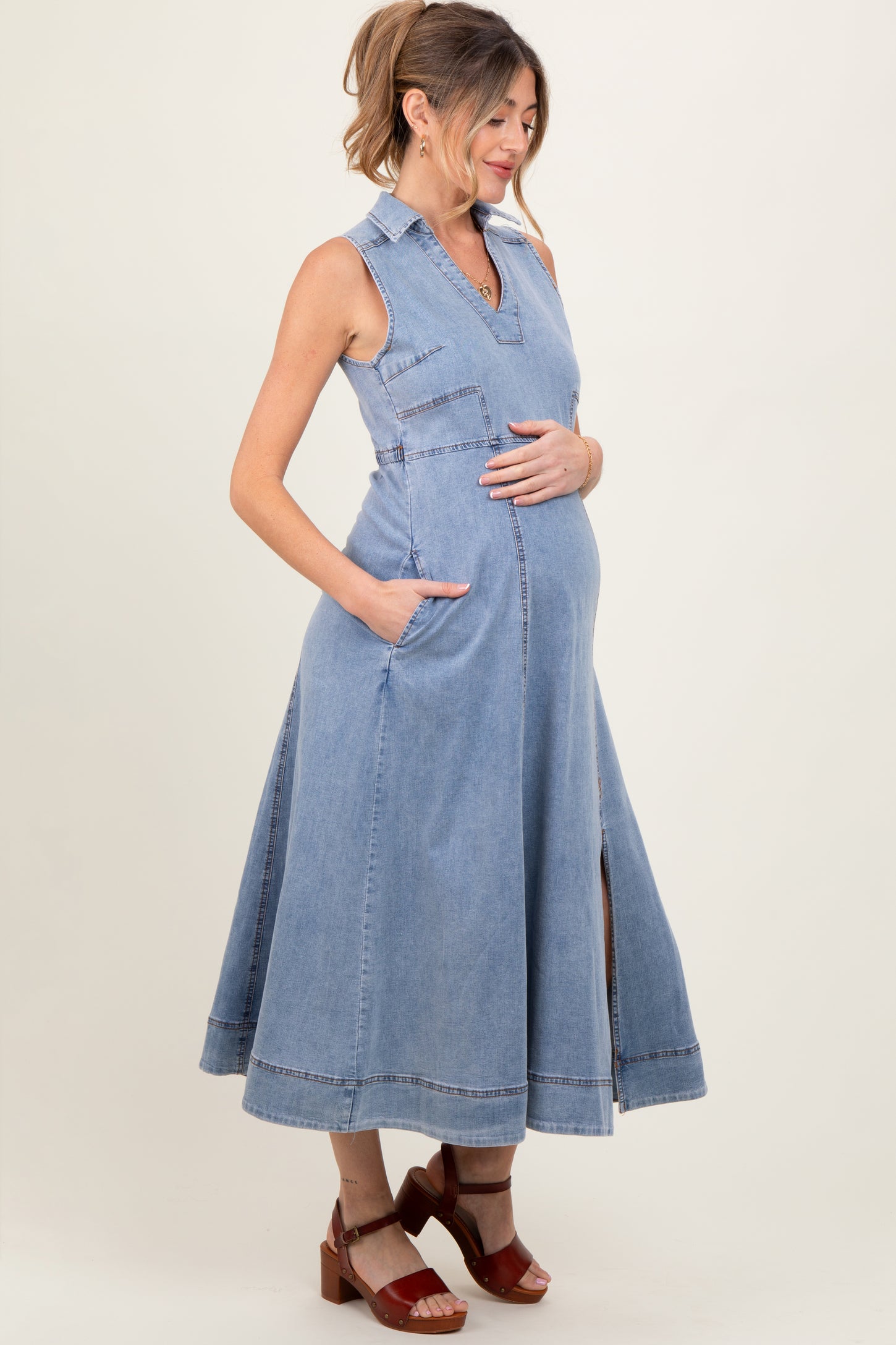 Blue Medium Wash Collared Denim Flare Maternity Midi Dress