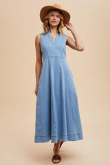 Light Blue Wash Collared Denim Flare Maternity Midi Dress