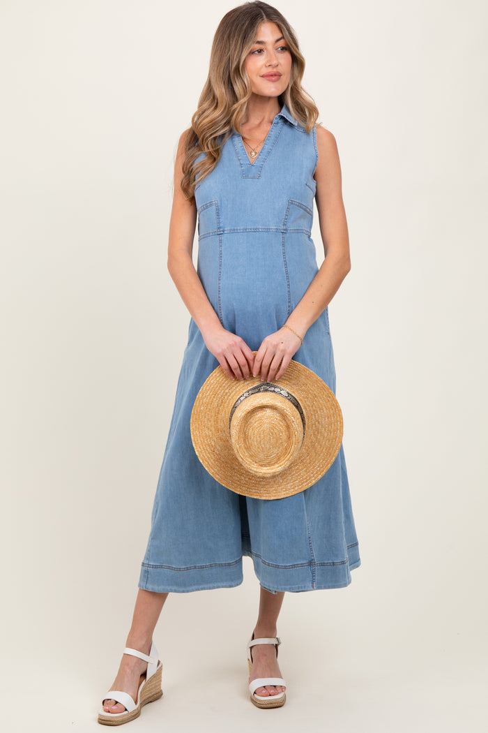 Light Blue Wash Collared Denim Flare Maternity Midi Dress