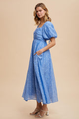Blue Embroidered Shirred Puff Sleeve Maxi Dress