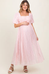 Light Pink Embroidered Shirred Puff Sleeve Maternity Maxi Dress