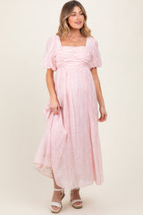 Light Pink Embroidered Shirred Puff Sleeve Maternity Maxi Dress