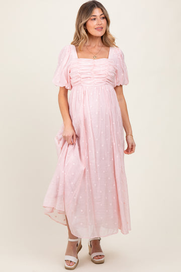 Light Pink Embroidered Shirred Puff Sleeve Maternity Maxi Dress