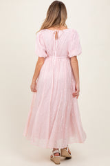 Light Pink Embroidered Shirred Puff Sleeve Maternity Maxi Dress