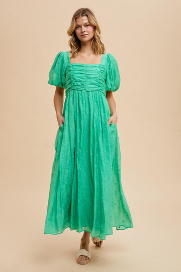 Green Embroidered Shirred Puff Sleeve Maxi Dress