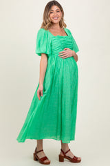 Green Embroidered Shirred Puff Sleeve Maternity Maxi Dress