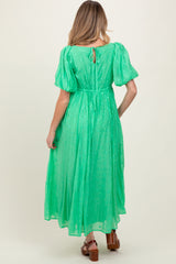 Green Embroidered Shirred Puff Sleeve Maternity Maxi Dress