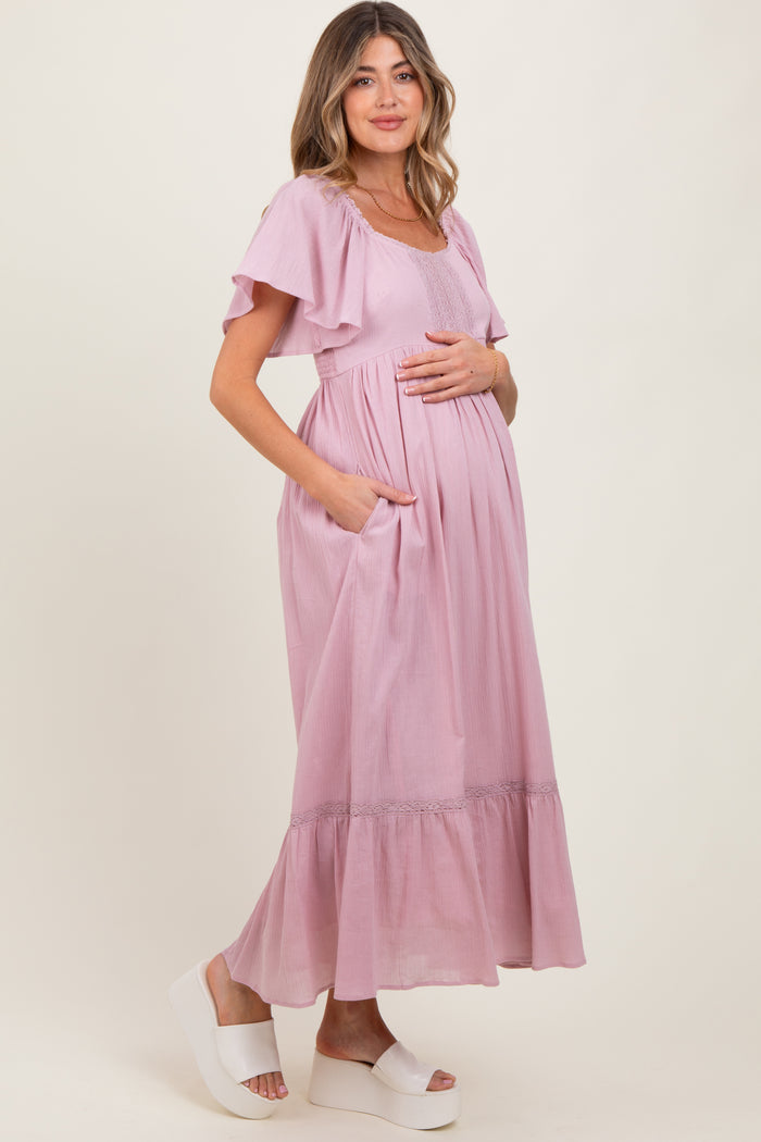 Light Pink Lace Square Neck Maternity Maxi Dress