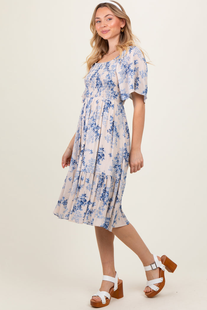 Cream Floral Smocked Midi Dress
