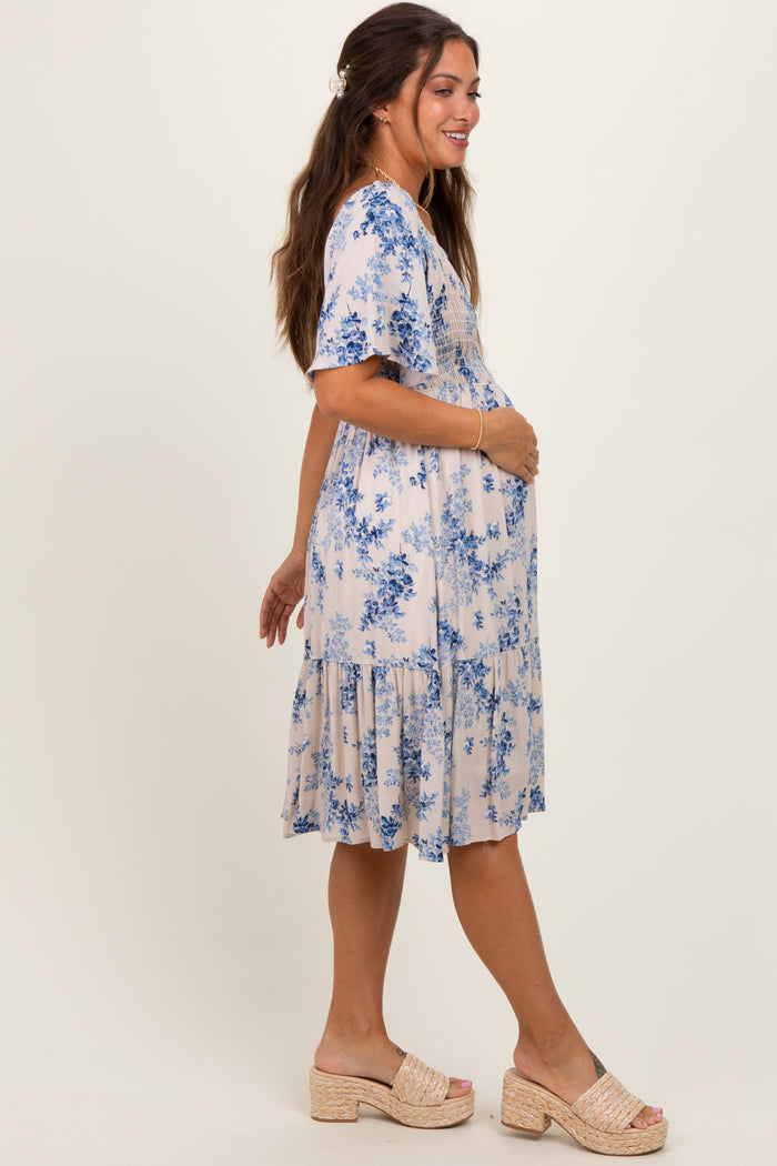 Cream Floral Smocked Maternity Midi Dress