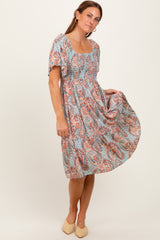 Light Blue Paisley Floral Smocked Midi Dress