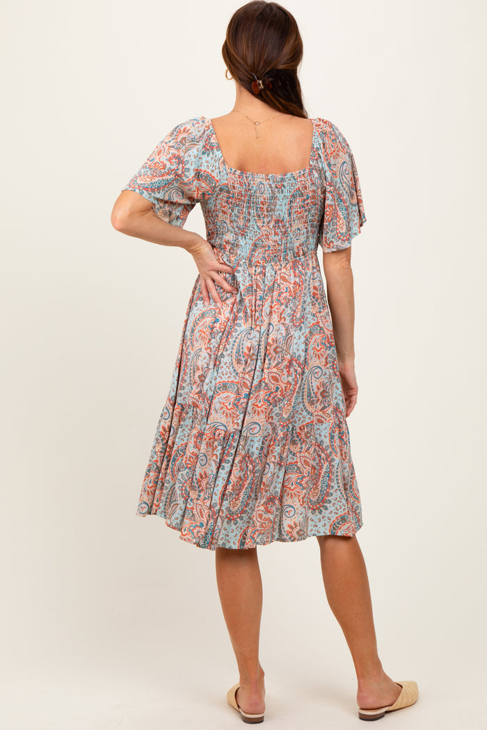 Light Blue Paisley Floral Smocked Midi Dress