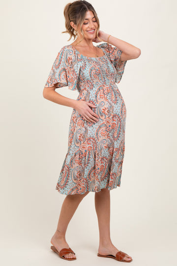 Light Blue Paisley Floral Smocked Maternity Midi Dress