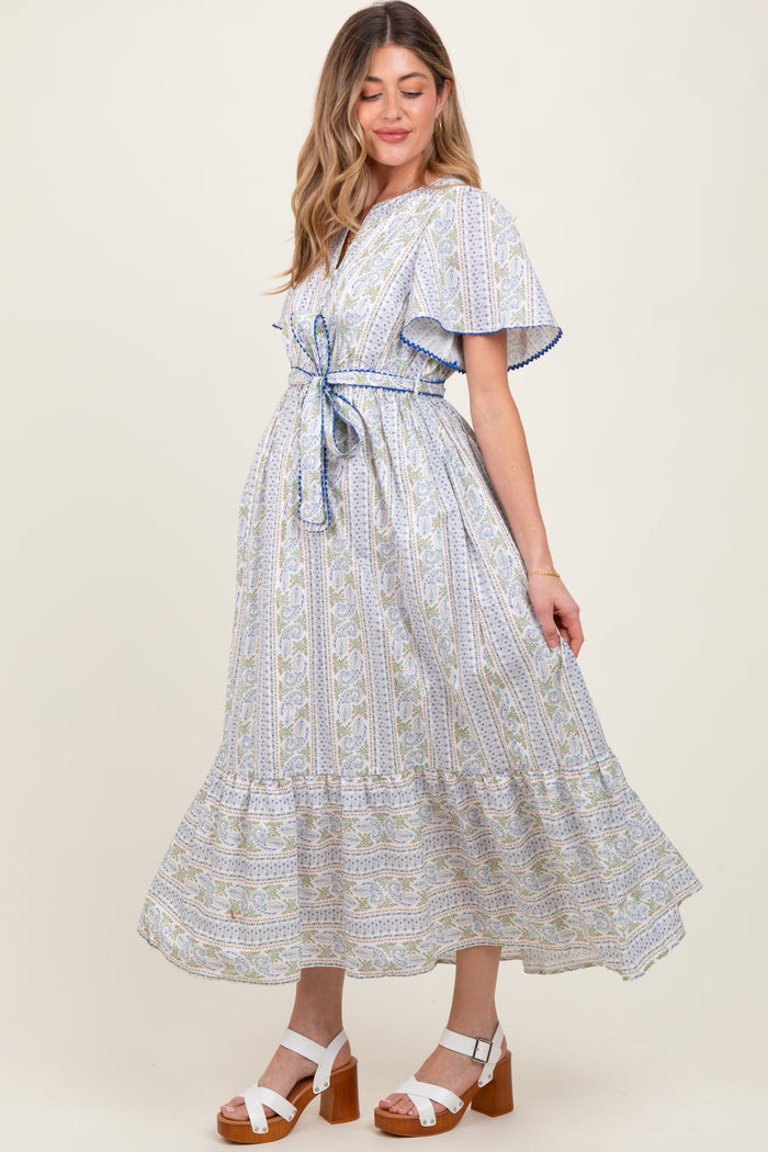 Blue Floral Flutter Sleeve Waist Tie Maternity Maxi Dress