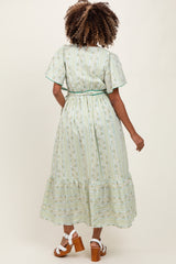 Green Floral Flutter Sleeve Waist Tie Maternity Maxi Dress