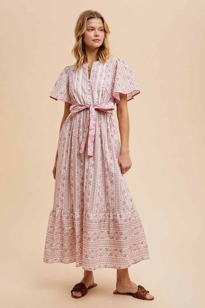 Magenta Floral Flutter Sleeve Waist Tie Maternity Maxi Dress