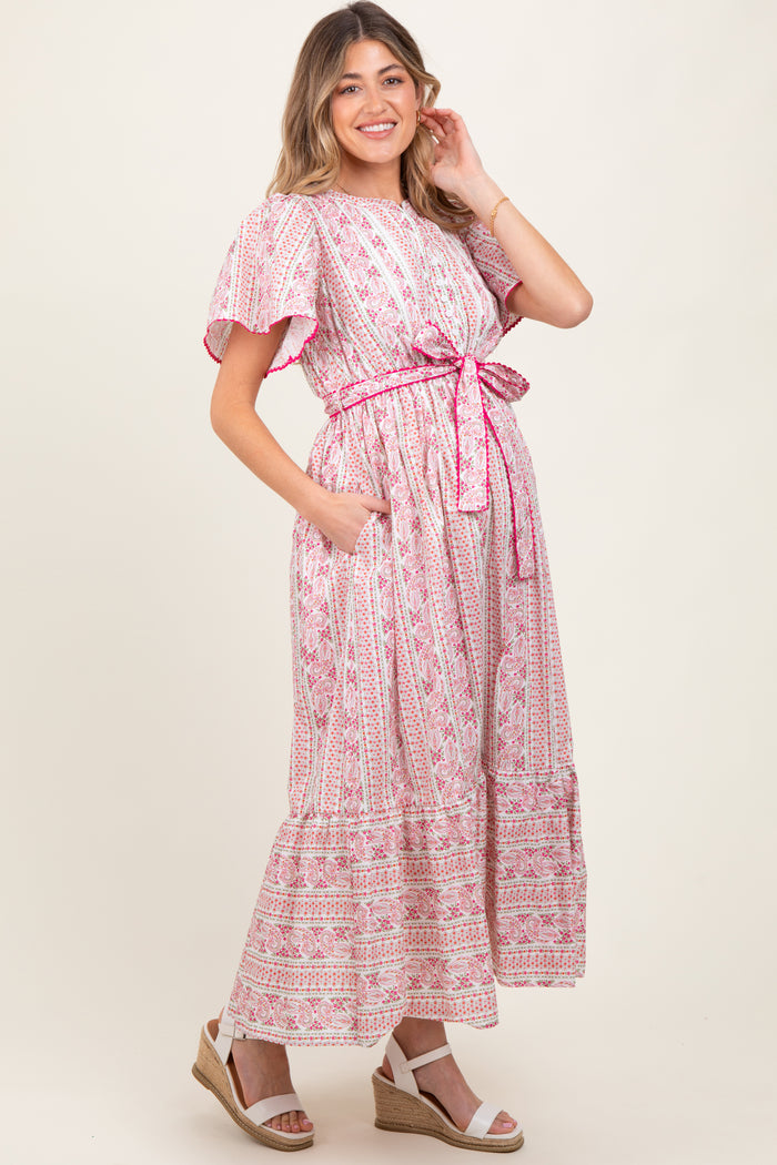 Magenta Floral Flutter Sleeve Waist Tie Maternity Maxi Dress