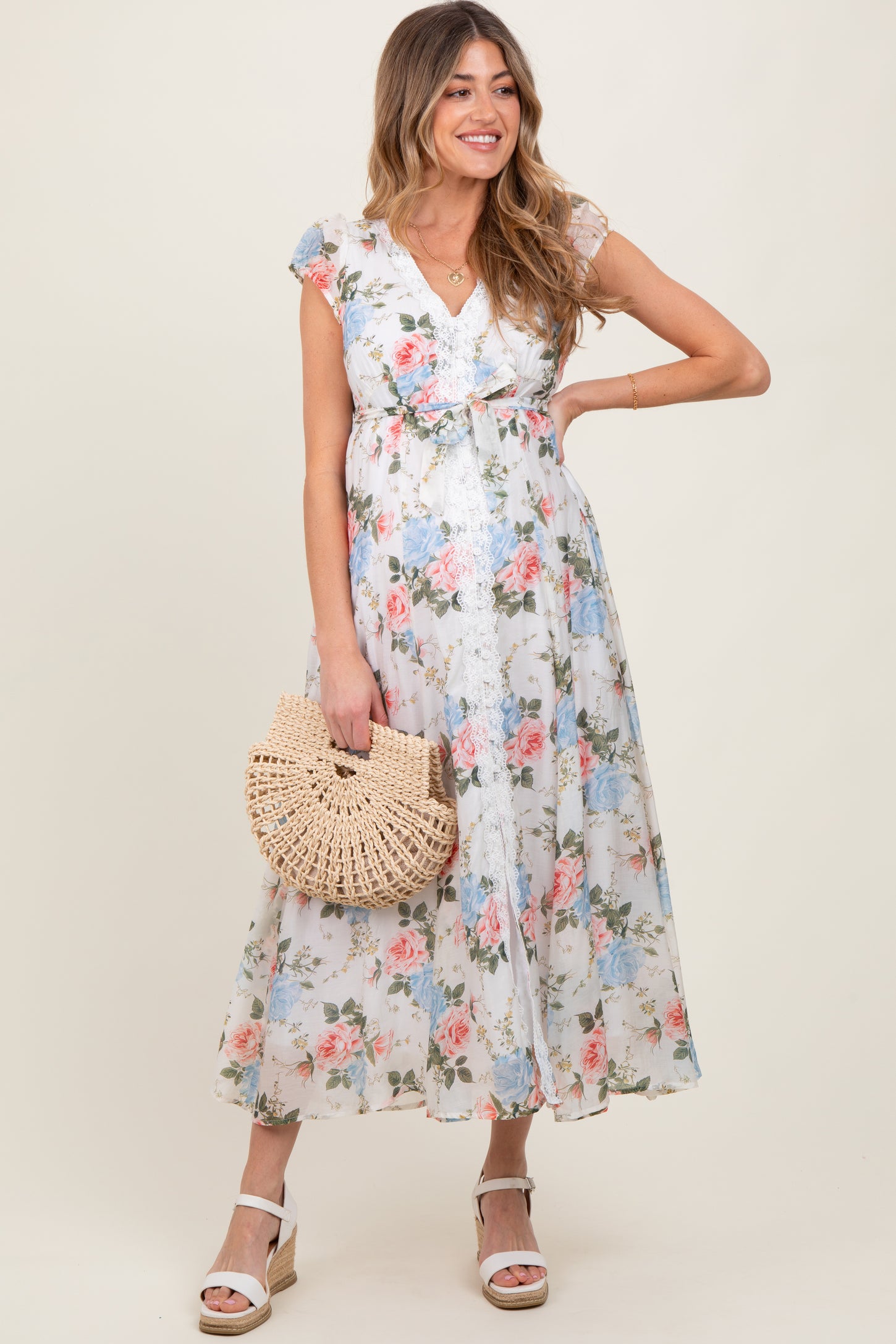Ivory Garden Floral Lace Trim Button Down Maternity Midi Dress