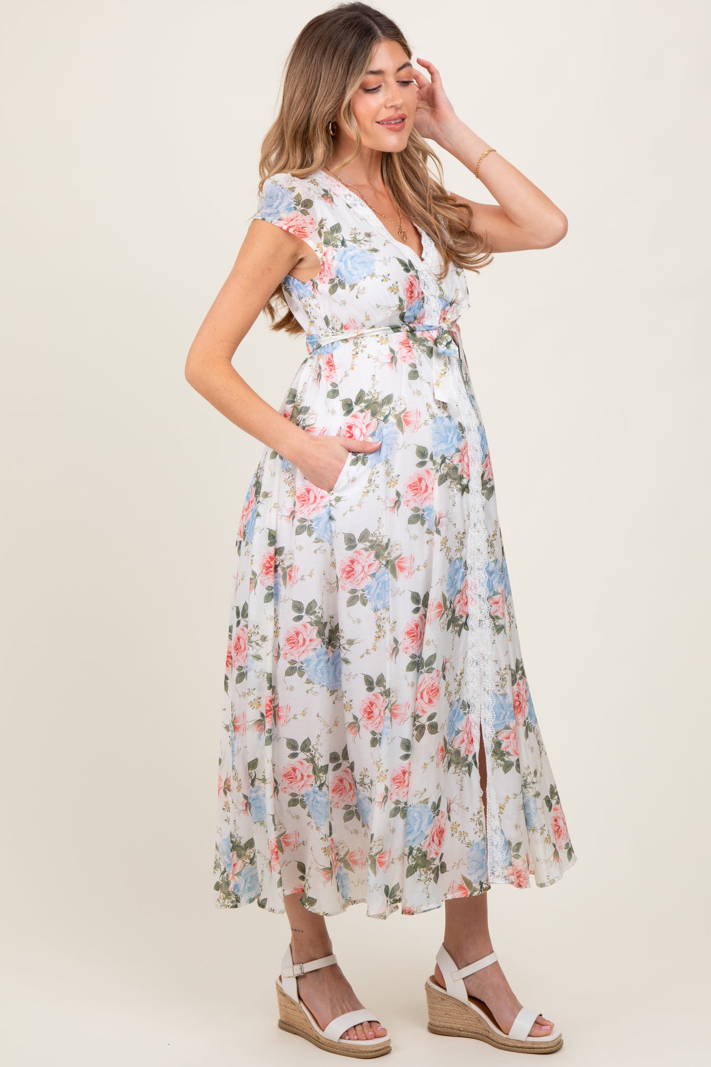 Ivory Garden Floral Lace Trim Button Down Maternity Midi Dress