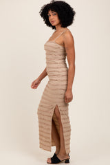 Light Taupe Ruffle Tiered Fitted Maternity Maxi Dress