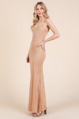 Beige Backless Fishtail Sleeveless Maxi Dress