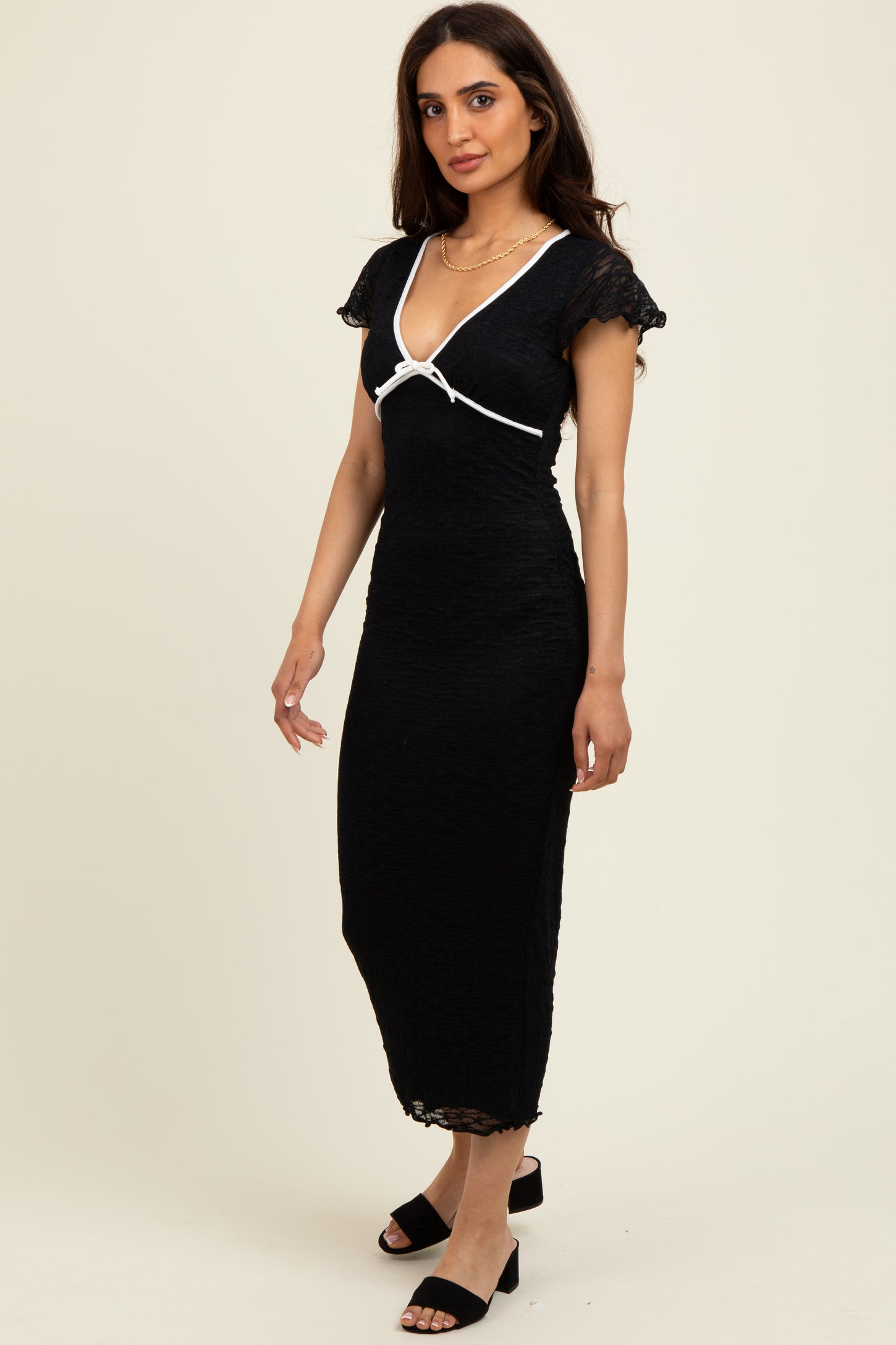 Black Lace Contrast Fitted Midi Dress