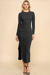 Black Crew Neck Side Ruching Deep Slit Maternity Midi Dress