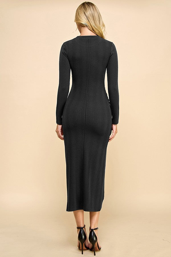 Black Crew Neck Side Ruching Deep Slit Midi Dress