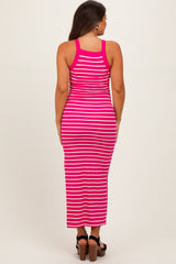 Fuchsia Striped High Neck Ribbed Maternity Maxi Dress