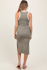 Light Olive/Soft White High Neck Ribbed Sleeveless Maternity Midi Dress