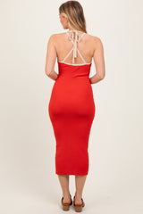 Red Contrast Trim Keyhole Cutout Midi Dress