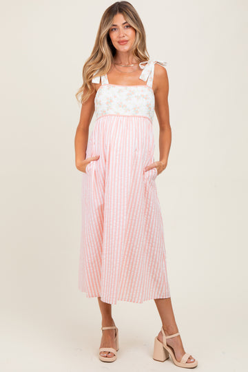 Peach Floral Contrast Stripe Shoulder Tie Maternity Midi Dress