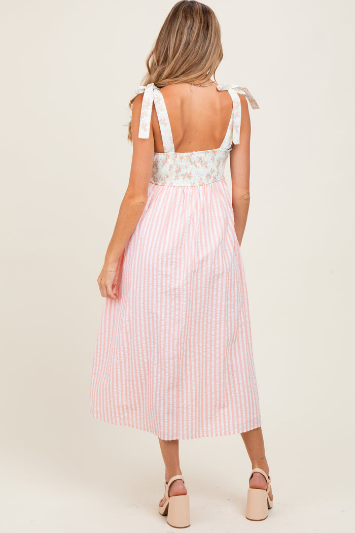 Peach Floral Contrast Stripe Shoulder Tie Maternity Midi Dress