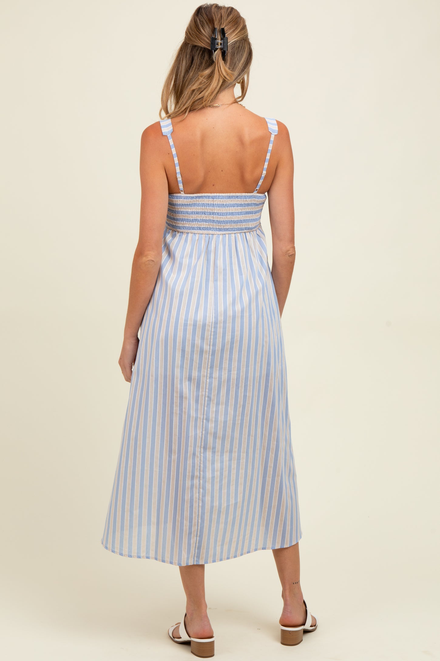Blue Striped Sleeveless Maternity Midi Dress