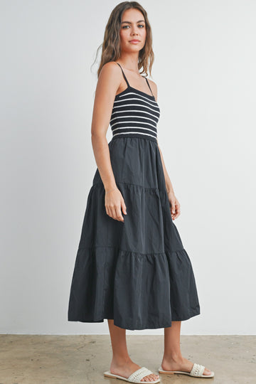 Black Striped Knit Top Tiered Midi Dress