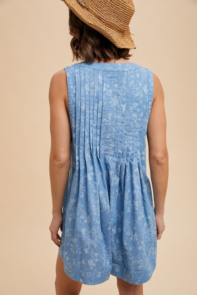 Light Blue Floral Chambray Pleat Front Romper