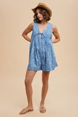 Light Blue Floral Chambray Pleat Front Romper