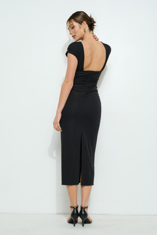 Black Asymmetrical Cutout Ruched Midi Dress