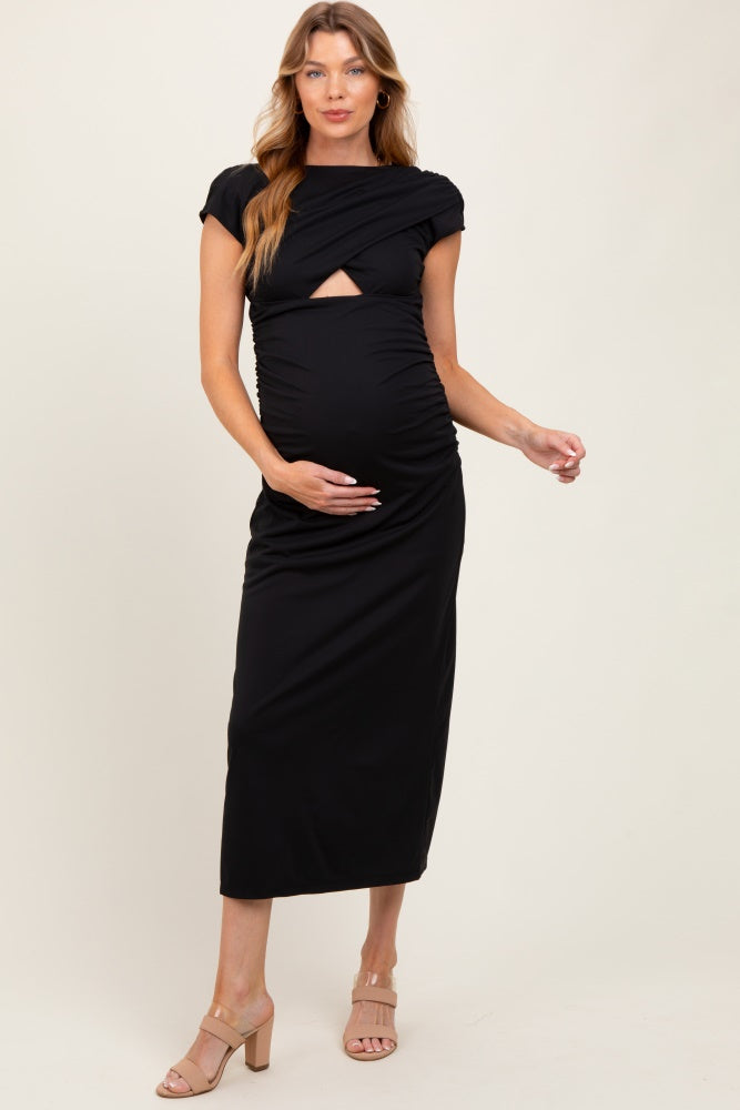 Black Asymmetrical Cutout Ruched Maternity Midi Dress