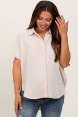 Beige Solid Collared Button-Up Maternity Top