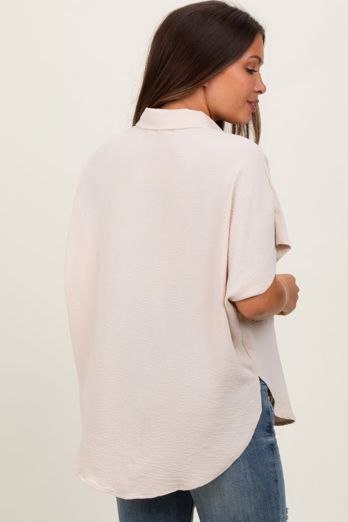 Beige Solid Collared Button-Up Maternity Top