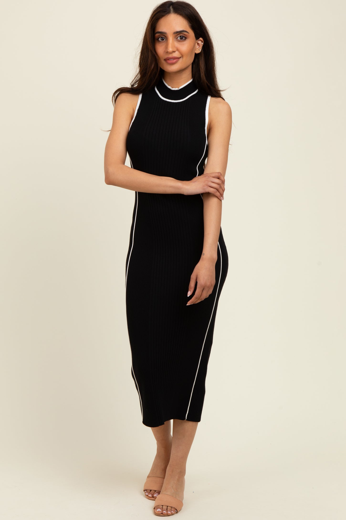 Black Ribbed Knit Contrast Detail Midi Dress