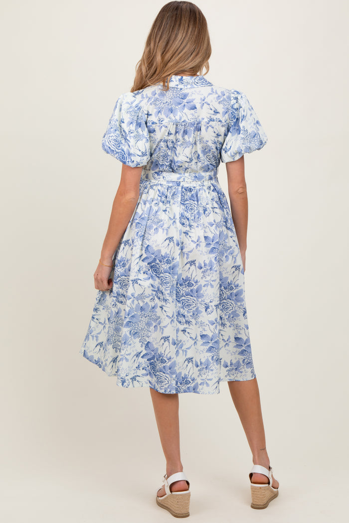 Blue Floral Print Belted Maternity Midi Dress