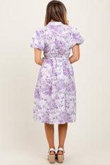 Lavender Floral Print Belted Midi Dress